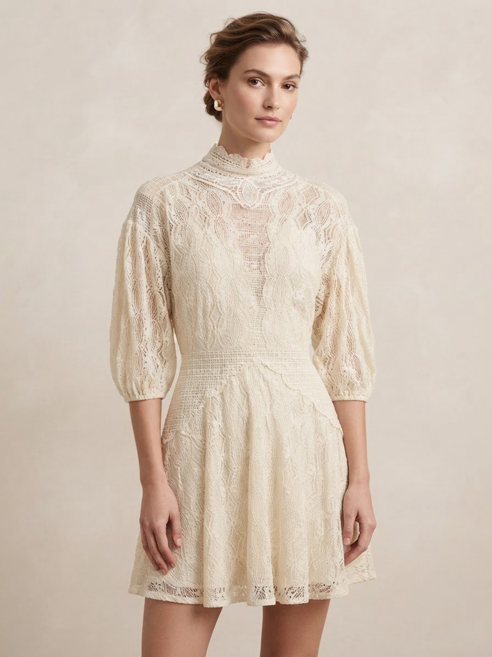 Free People Ivory Lace High-Neck Mini Dress